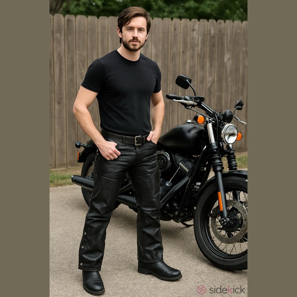 Men’s Diamond Plate Black Leather Motorcycle Chaps, Size Extra Large.